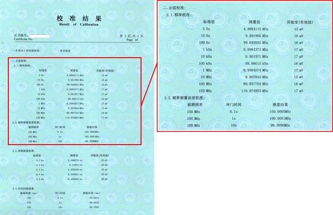 頻率計(jì)校準(zhǔn)證書結(jié)果頁圖片