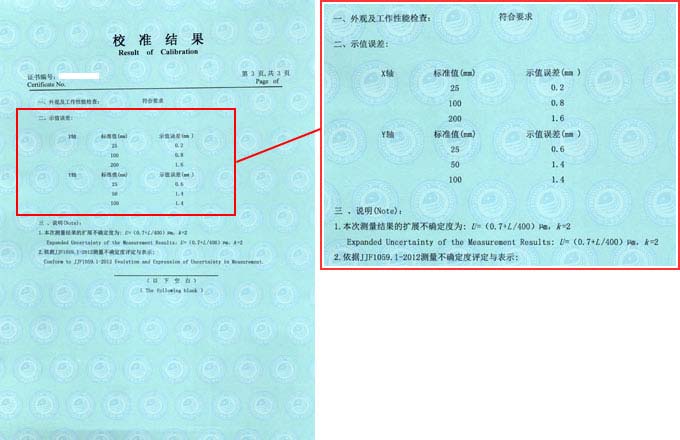萬能工具顯微鏡校準(zhǔn)證書結(jié)果頁圖片